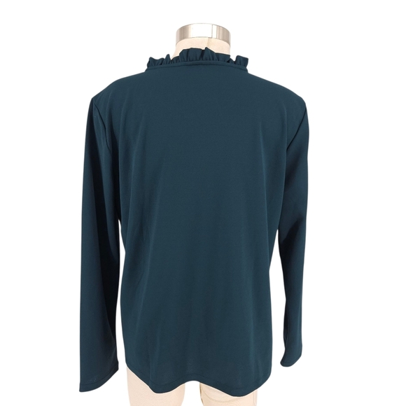 Ann Taylor Blouse Emerald Green Long Sleeve Button Ruffle Neck Shirt XL - Picture 5 of 8
